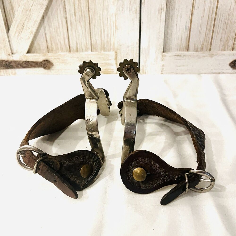 Vintage Western Cowboy Riding Spurs Tooled Leather Straps Brass Rowels